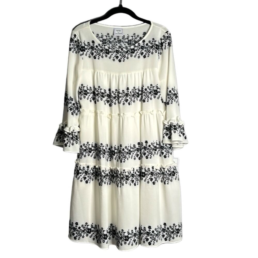 Vivi by Violet Weekend Black White Long Sleeve Dress Tiered Ruffle Design Small